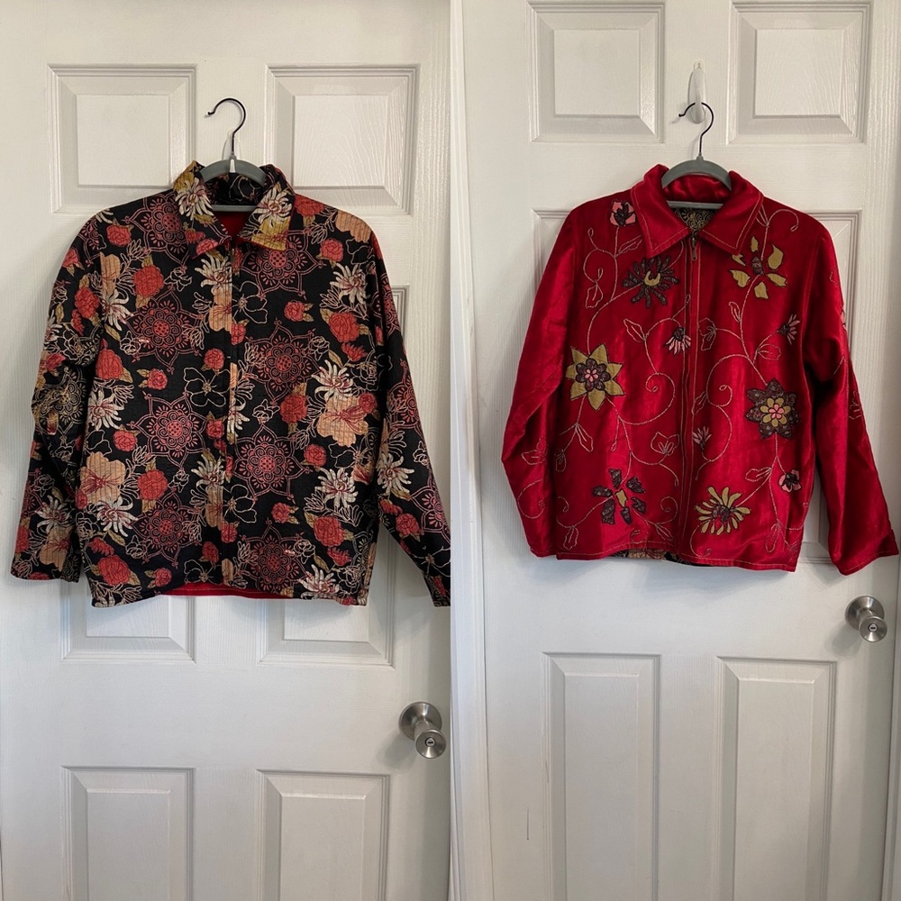 Flashback Couture Reversible Jacket Size PXS Red Floral Art To Wear Full Zip